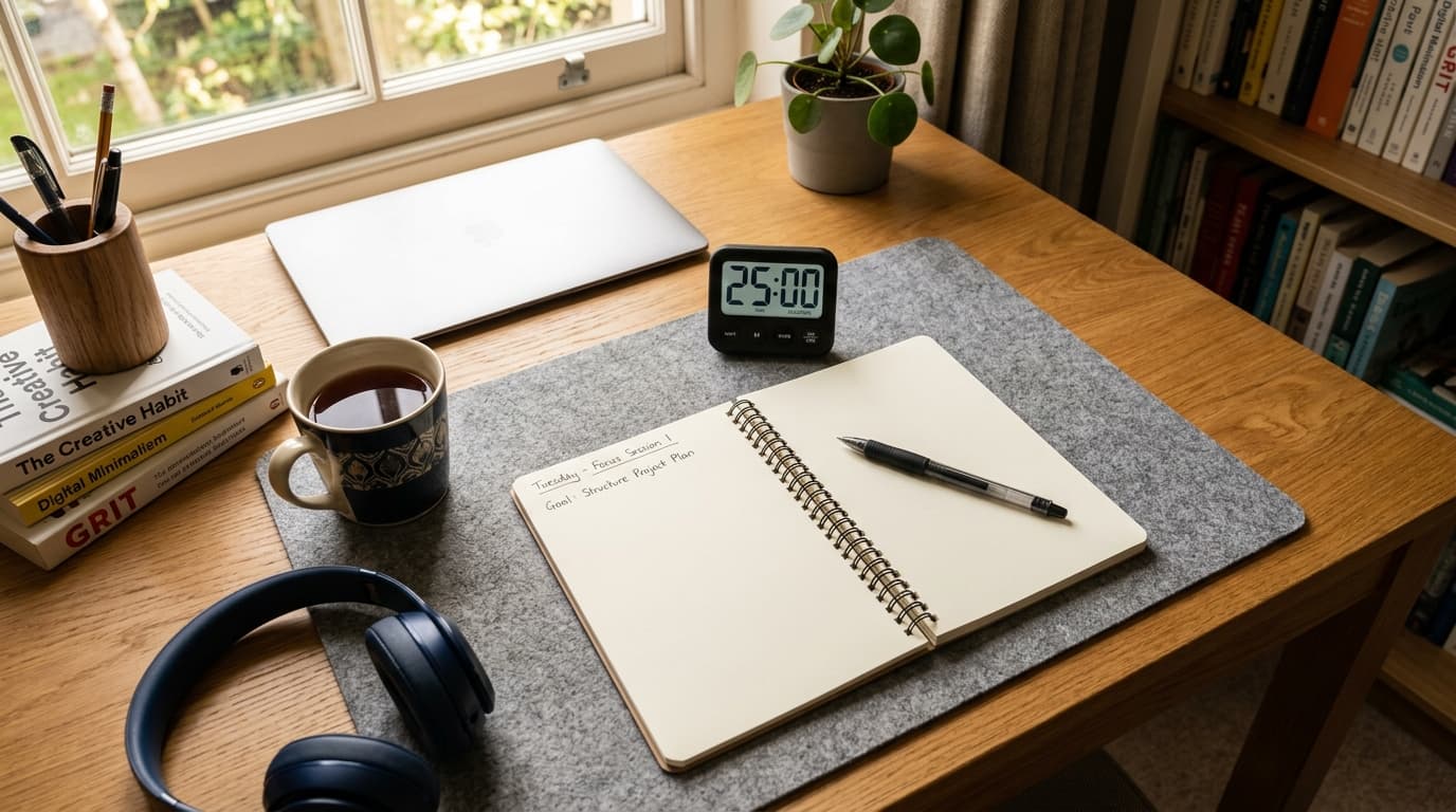 Person starting a focused task with a timer and notebook to stop procrastinating