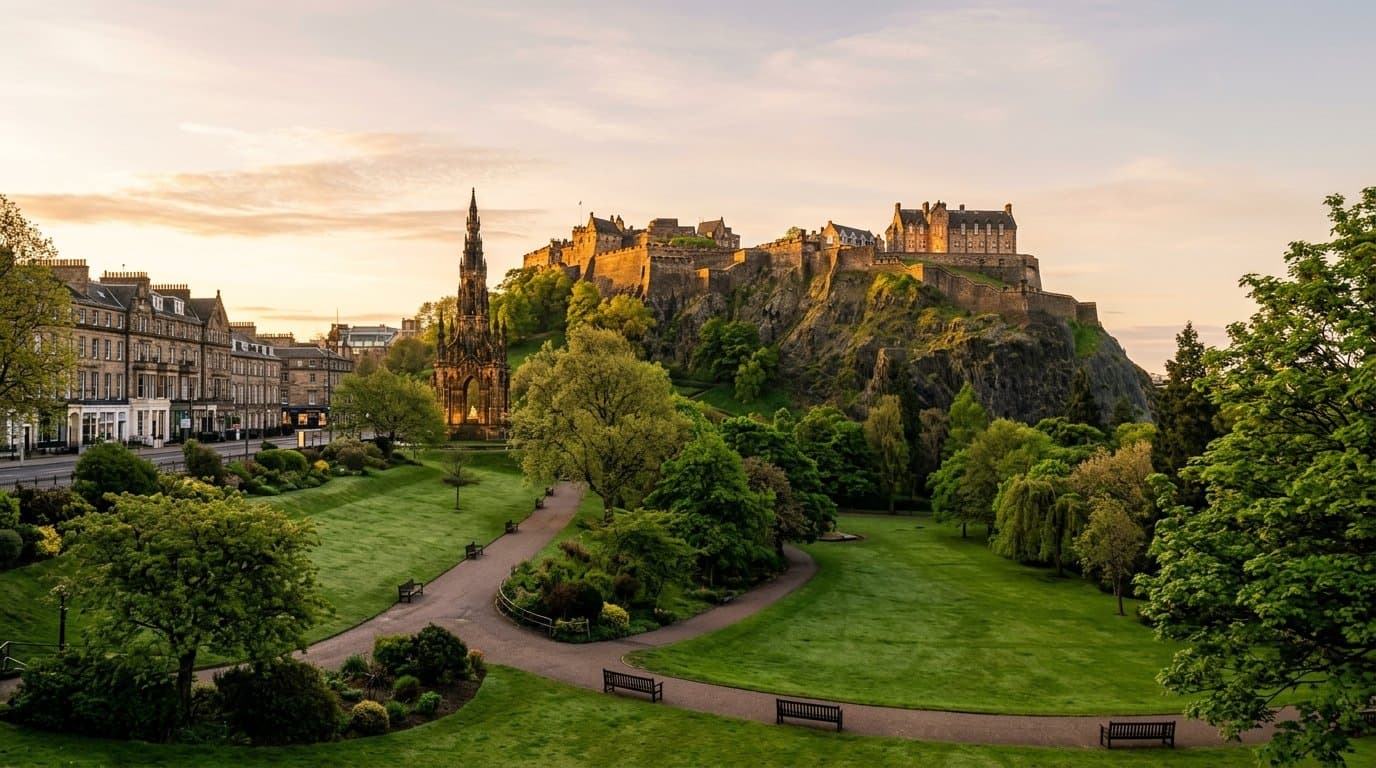 Edinburgh skyline at sunrise with a person reflecting, representing life coaching in Edinburgh
