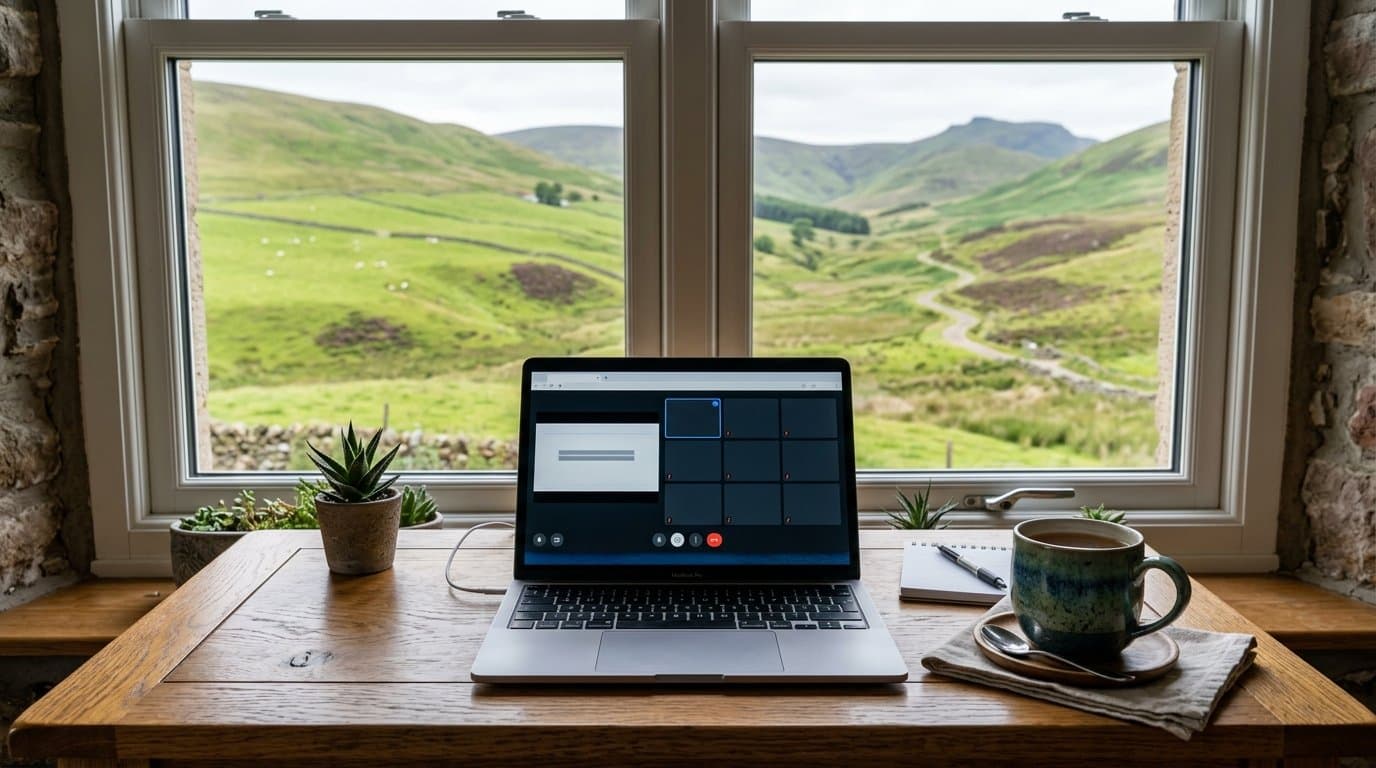 Person on a video call with their life coach, laptop open on a desk at home