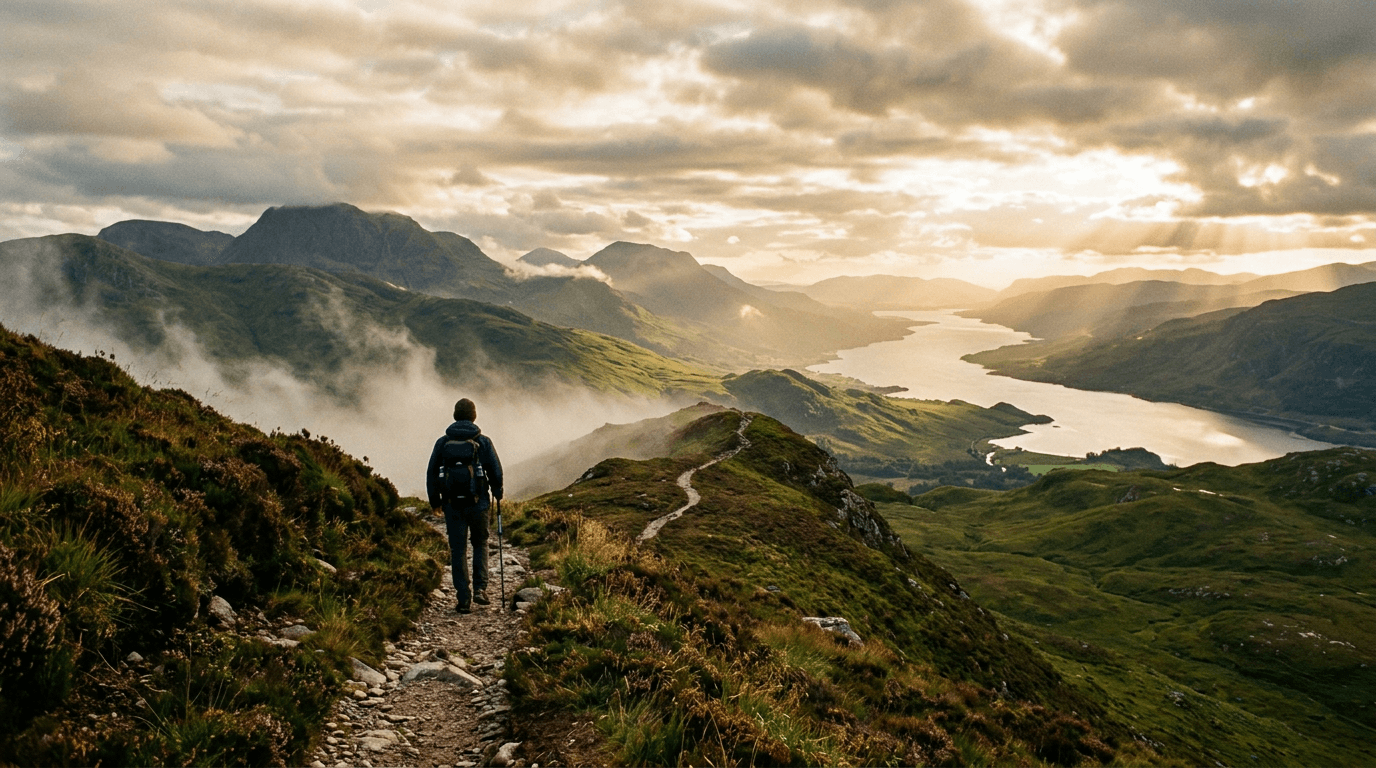 Scottish landscape with a person walking a path, representing the coaching journey in Scotland