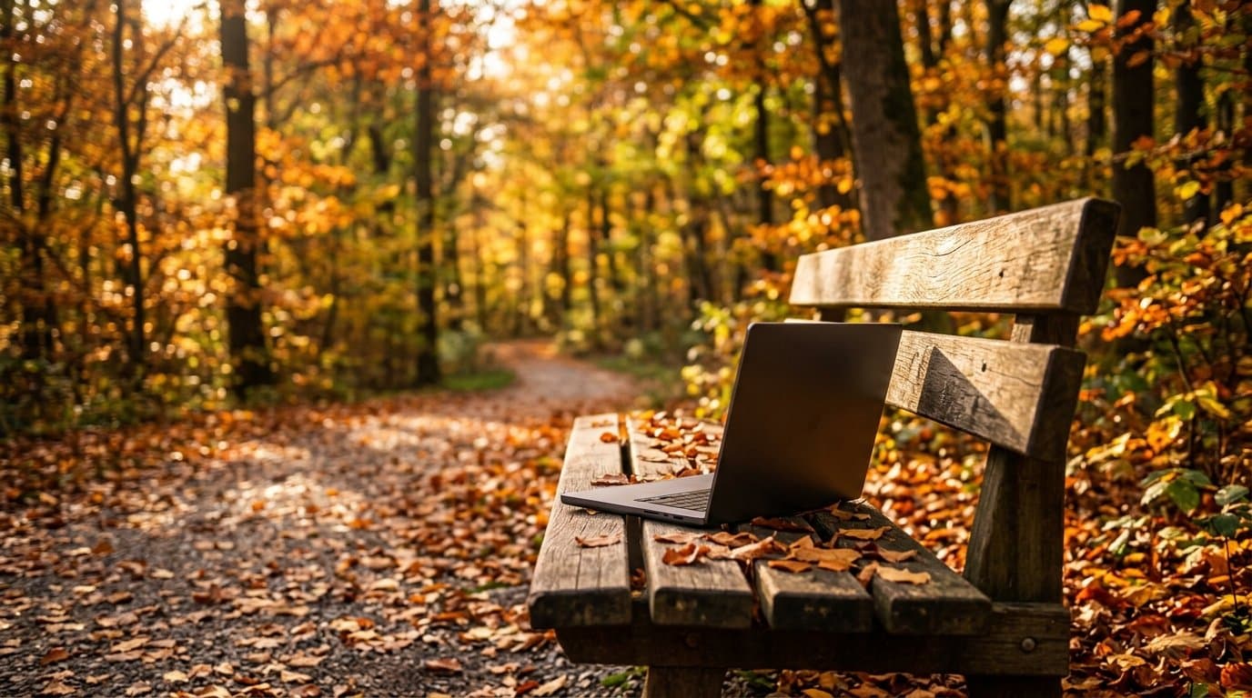 Notebook and coffee on a work desk at sunrise, representing burnout recovery and sustainable planning