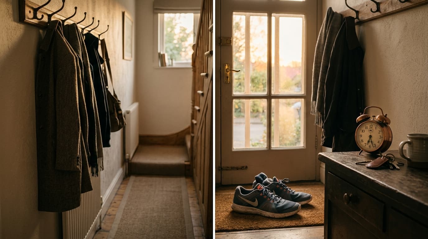 Early morning routine setup showing trainers, alarm clock, and notebook for motivation structure